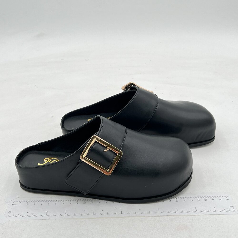 Black Slip-On Sandals with Gold Buckle